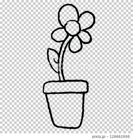 Hand drawn crayon outline of flower in flowerpot png for kid colouring book, plant, tree, cartoon character, floral print, nature, garden, patch, sticker, blossom, blooming, summer, house yard, home 126662698