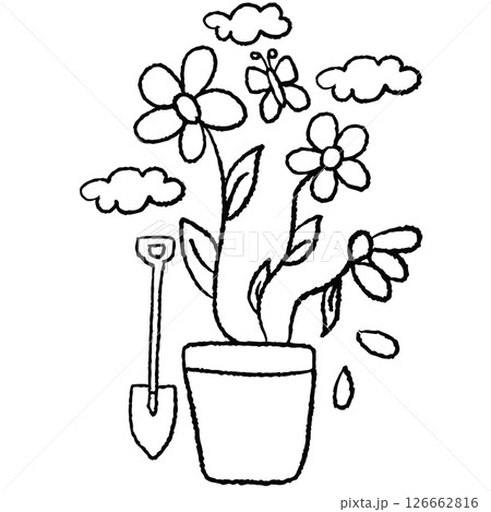Hand drawn crayon outline of flowers in flower pot, shovel, butterfly, cloud for kid colouring book, art, sketch, paint, plants, tree, nature, garden, blossom, blooming, spring, summer, house yard Hand drawn crayon outline of flowers in flower pot, shovel, butterfly, cloud for kid colouring book, art, sketch, paint, plants, tree, nature, garden, blossom, blooming, spring, summer, house yard 126662816
