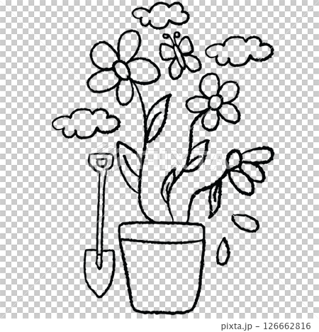 Hand drawn crayon outline of flowers in flower pot, shovel, butterfly, cloud for kid colouring book, art, sketch, paint, plants, tree, nature, garden, blossom, blooming, spring, summer, house yard Hand drawn crayon outline of flowers in flower pot, shovel, butterfly, cloud for kid colouring book, art, sketch, paint, plants, tree, nature, garden, blossom, blooming, spring, summer, house yard 126662816