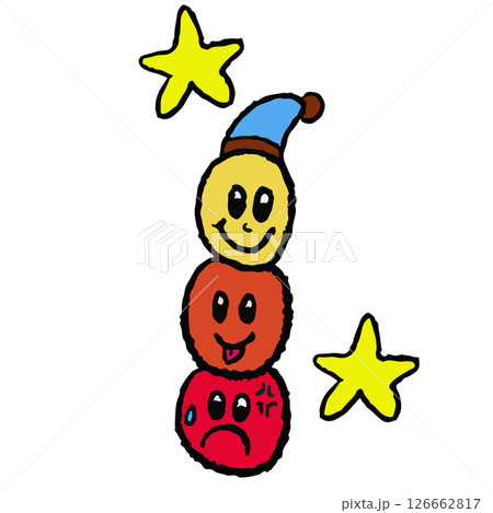 Hand drawn crayon illustration of happy and sad faces for sticker, logo, icon, mood, positive vibe, good energy, tattoo, decorations, cute patch, brooch, shirt print, sign, symbol, emoji, expression	 126662817