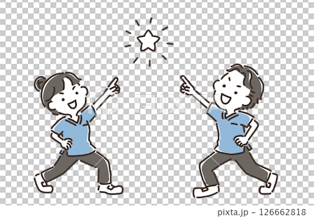 A man and woman in scrubs with their hands on their hips pointing at a star 126662818