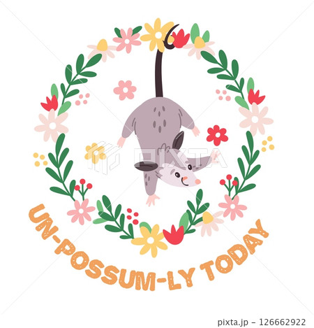 Cartoon opossum t shirt print. Funny possum character, clothes sticker, wild animal with cute inscription, charming, animal in circle botanical frame, garish vector isolated concept 126662922