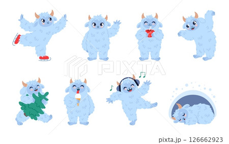 Cartoon yeti character. Funny fluffy mascot, winter white man, cute sasquatch, fantasy monster, different poses, actions, mythical animal eating ice cream, sleeping in cave classy vector set 126662923