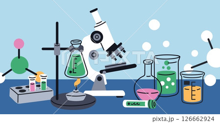 Chemical laboratory table. Scientific experiment and test equipment, microscope, glass tubes, flasks, biological lab, biochemistry and microbiological isolated garish vector concept 126662924