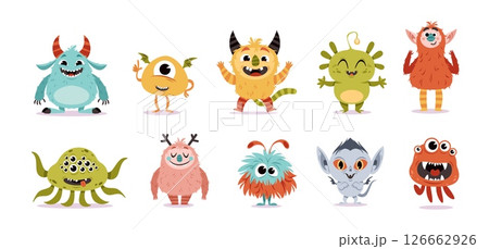 Cute monsters. Cartoon creepy characters, funny little demons, kids mascots, fabulous fluffy mutant creatures with teeth and fangs, childish nursery isolated elements, tidy vector set Cute monsters. Cartoon creepy characters, funny little demons, kids mascots, fabulous fluffy mutant creatures with teeth and fangs, childish nursery isolated elements, tidy vector set 126662926