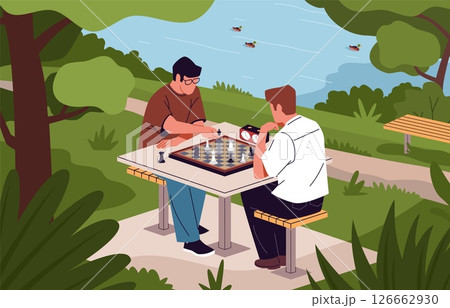 Guys in park playing chess. Outdoor board games, people on shore of pond, walking, relaxing, funny time with friends on nature, competitive battle, cartoon flat nowaday vector concept Guys in park playing chess. Outdoor board games, people on shore of pond, walking, relaxing, funny time with friends on nature, competitive battle, cartoon flat nowaday vector concept 126662930