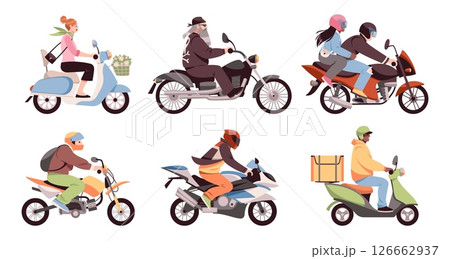 Motorcyclists people. Happy motor vehicles drivers, male and females bikers, scooters riding, delivery service, sport bike, courier delivery cartoon flat style isolated tidy vector set 126662937