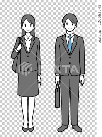 Line drawing illustration of a young man and woman in a suit carrying a bag 126663348