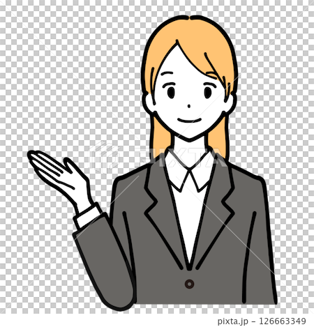 Illustration of a woman in a suit giving directions with a smile 126663349