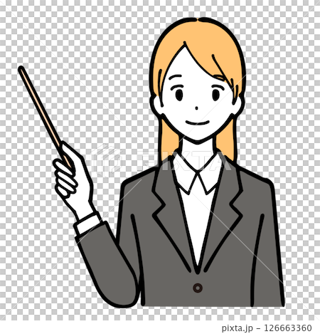 Illustration of a young woman in a suit holding a pointer Illustration of a young woman in a suit holding a pointer 126663360