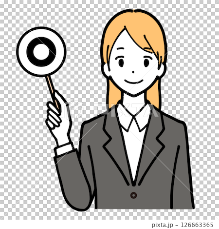 一位微笑的年輕女子拿著圓形標誌的插圖 126663365