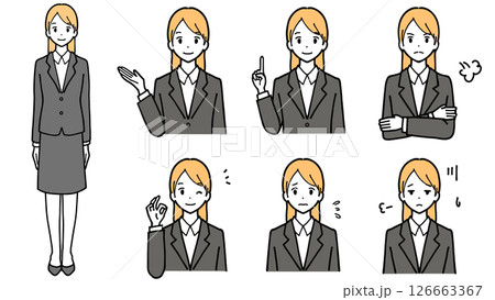 スーツ姿の若い女性の表情イラストセット。オーケーサイン、怒る。 スーツ姿の若い女性の表情イラストセット。オーケーサイン、怒る。 126663367