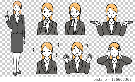 スーツ姿の若い女性の表情イラストセット。嬉しい、困る。 126663368