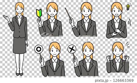 スーツを着た若い女性の表情のイラストセット。初心者マーク、案内する。 スーツを着た若い女性の表情のイラストセット。初心者マーク、案内する。 126663369