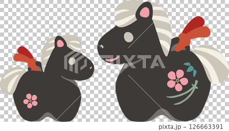 New Year's greetings, New Year's card, 2026, clay bell, zodiac sign, horse, year of the horse, cute, Japanese style, New Year's decoration, illustration material, black New Year's greetings, New Year's card, 2026, clay bell, zodiac sign, horse, year of the horse, cute, Japanese style, New Year's decoration, illustration material, black 126663391