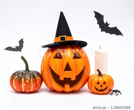 Halloween Decorations with Pumpkins and Witch Hat 126663466