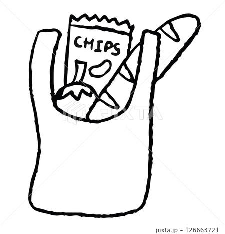 Hand drawn crayon outlines of tote bag with chip bag, load bread, tomato for grocery shopping, supermarket, market, mart, picnic, spring, summer, park, brooch, sticker, kid colouring book, art, sketch 126663721