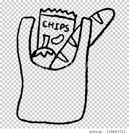 Hand drawn crayon outlines of tote bag with chip bag, load bread, tomato for grocery shopping, supermarket, market, mart, picnic, spring, summer, park, brooch, sticker, kid colouring book, art, sketch 126663721