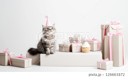 persian gray cat wearing a pink party hat with white polka dots. The cat is sitting on a white background and is looking up at the camera with a curious expression.	 persian gray cat wearing a pink party hat with white polka dots. The cat is sitting on a white background and is looking up at the camera with a curious expression.	 126663872