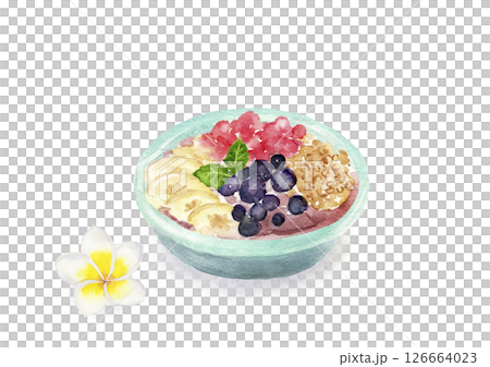 アサイーボウルと白い花の手描き水彩イラスト 126664023