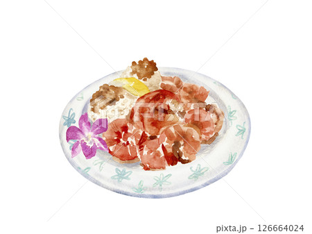 お皿にのったガーリックシュリンプの手描き水彩イラスト 126664024