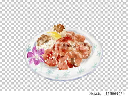 お皿にのったガーリックシュリンプの手描き水彩イラスト 126664024
