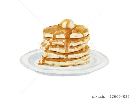 バターとハチミツがかかった、重ねてあるパンケーキ　手描き水彩イラスト 126664025