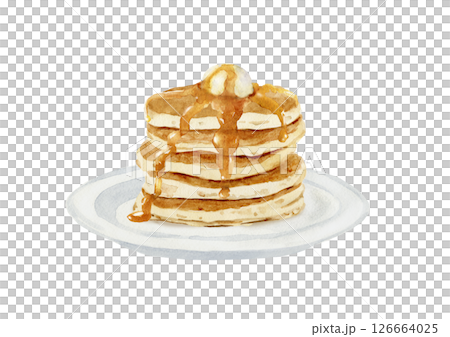 用奶油和蜂蜜堆疊的煎餅，手繪水彩插圖 126664025