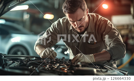 A car mechanic technician repairs a car in an auto repair shop. Generative AI. 126664330