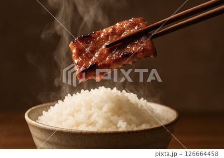 炭火焼きカルビとごはんの湯気立つ瞬間 炭火焼きカルビとごはんの湯気立つ瞬間 126664458