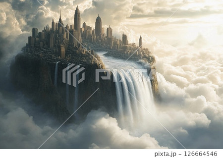 City of clouds with majestic waterfalls cascading into the abyss under a serene sky at twilight 126664546