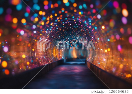 Colorful illuminated tunnel creates a stunning visual experience with shimmering lights in various hues 126664683