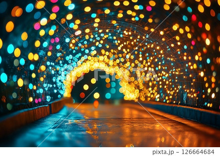 Colorful illuminated tunnel creates a stunning visual experience with shimmering lights in various hues Colorful illuminated tunnel creates a stunning visual experience with shimmering lights in various hues 126664684