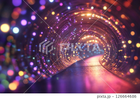 Colorful illuminated tunnel creates a stunning visual experience with shimmering lights in various hues 126664686