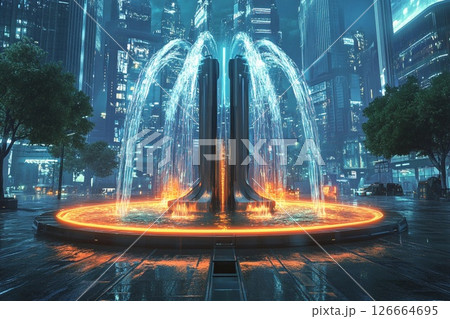 Futuristic plaza featuring a symmetrical fountain illuminated by urban lights in a vibrant cityscape 126664695