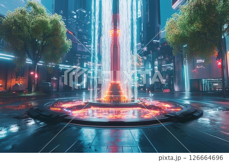 Futuristic plaza featuring a symmetrical fountain illuminated by urban lights in a vibrant cityscape 126664696