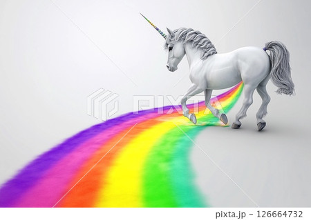 Unicorn gracefully gallops through the sky, leaving a vibrant rainbow trail illuminated by sunlight 126664732
