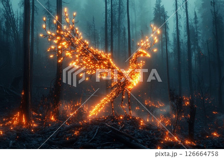 Glowing phoenix made of vibrant plants rises majestically from the ashes in a mystical, enchanted forest setting at sunrise 126664758
