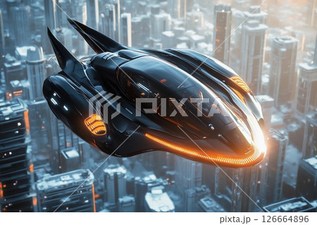 Futuristic vehicle soars above a vibrant city skyline during sunset with bright lights illuminating the surroundings 126664896