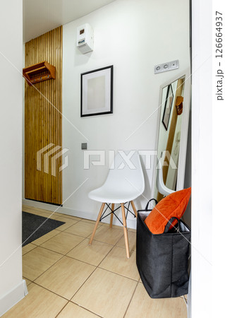 Modern Entryway with Wooden Panel and Minimalist Decor 126664937