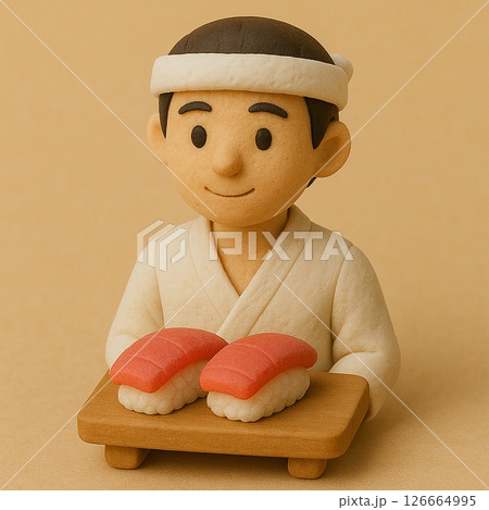 寿司職人が握るマグロ寿司の粘土人形素材 126664995