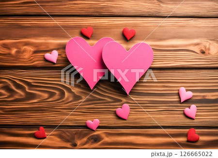 木製のテーブルの上に置かれたピンクのハート 126665022