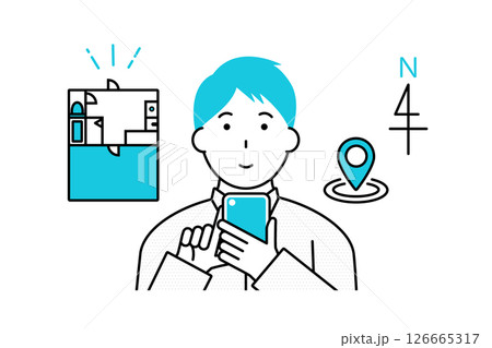 スマホを使って賃貸物件の部屋探しをする男性のイラスト