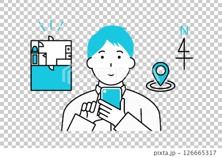 スマホを使って賃貸物件の部屋探しをする男性のイラスト スマホを使って賃貸物件の部屋探しをする男性のイラスト 126665317