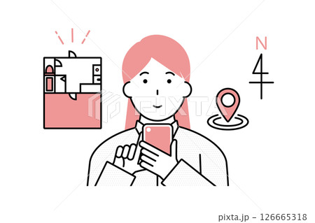 スマホを使って賃貸物件の部屋探しをする女性のイラスト