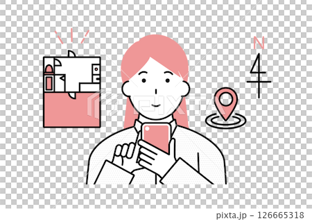 スマホを使って賃貸物件の部屋探しをする女性のイラスト 126665318