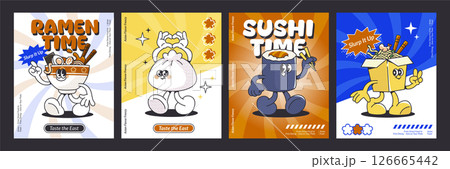 Set of retro sushi character posters Set of retro sushi character posters 126665442