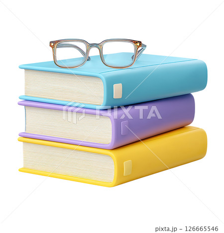 AI-generated item. A 3D stack of books with glasses on a transparent background. AI-generated item. A 3D stack of books with glasses on a transparent background. 126665546