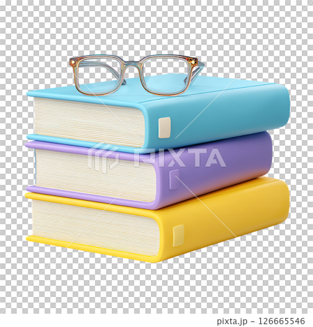 AI-generated item. A 3D stack of books with glasses on a transparent background. AI-generated item. A 3D stack of books with glasses on a transparent background. 126665546