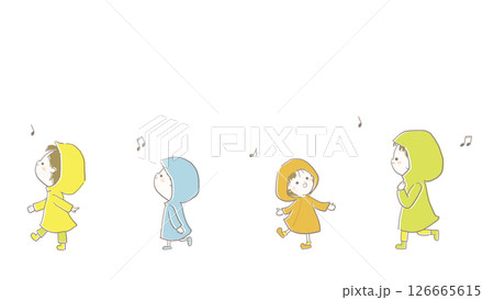 カッパを着て歩く子供たちのイラスト 126665615